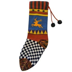 Russ Berrie‎ Christmas Stocking Reindeer Vintage Knit Checkerboard Colorful